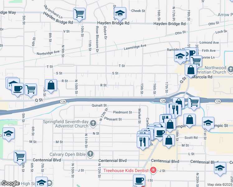 map of restaurants, bars, coffee shops, grocery stores, and more near 1310 Q Street in Springfield
