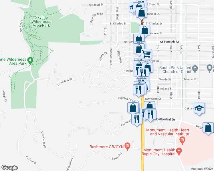 map of restaurants, bars, coffee shops, grocery stores, and more near 1138 Lookout Lane in Rapid City