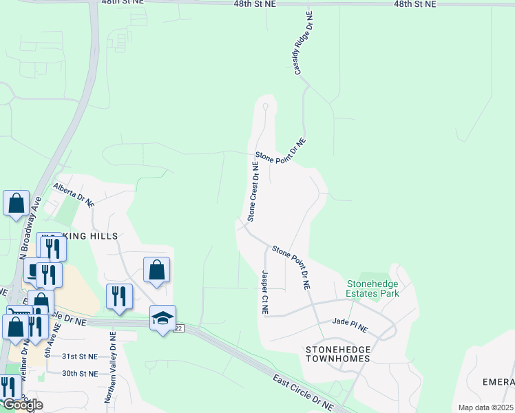 map of restaurants, bars, coffee shops, grocery stores, and more near 1687 Stone Crest Drive Northeast in Rochester