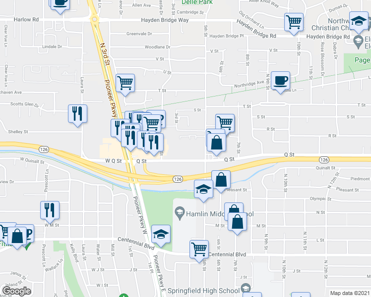 map of restaurants, bars, coffee shops, grocery stores, and more near 380 Q Street in Springfield