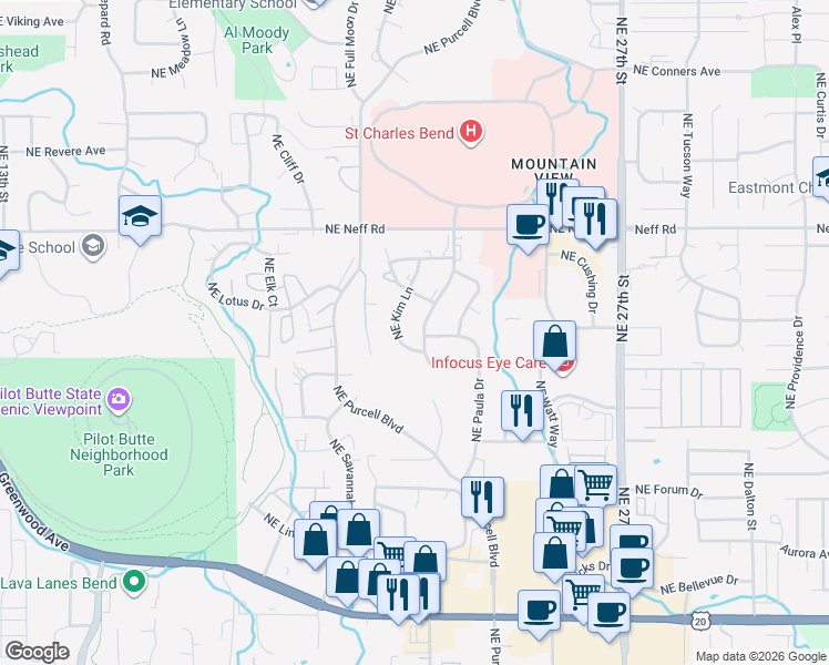 map of restaurants, bars, coffee shops, grocery stores, and more near 1325 Northeast Williamson Boulevard in Bend