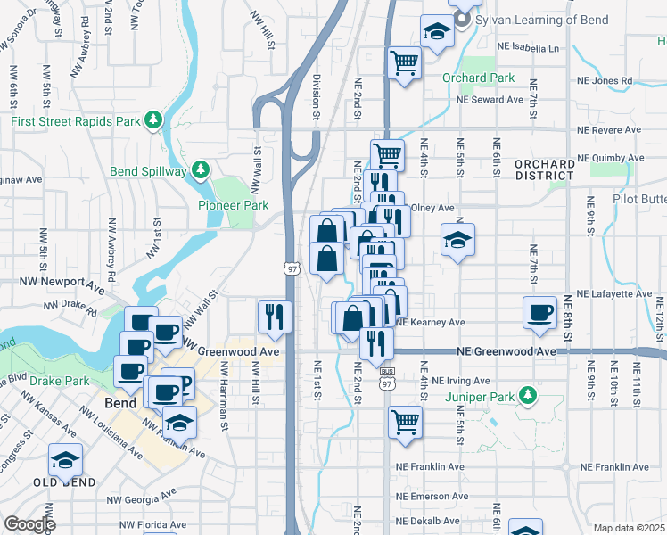 map of restaurants, bars, coffee shops, grocery stores, and more near 1216 Northeast 1st Street in Bend