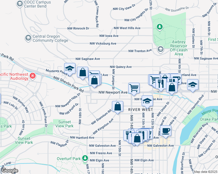 map of restaurants, bars, coffee shops, grocery stores, and more near 1439 Northwest Juniper Street in Bend