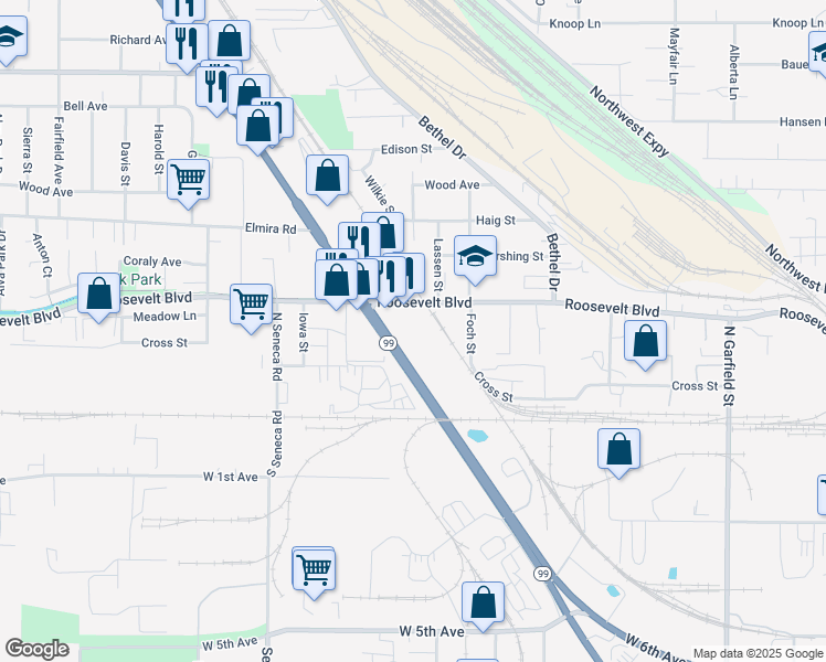 map of restaurants, bars, coffee shops, grocery stores, and more near 2606 Roosevelt Boulevard in Eugene