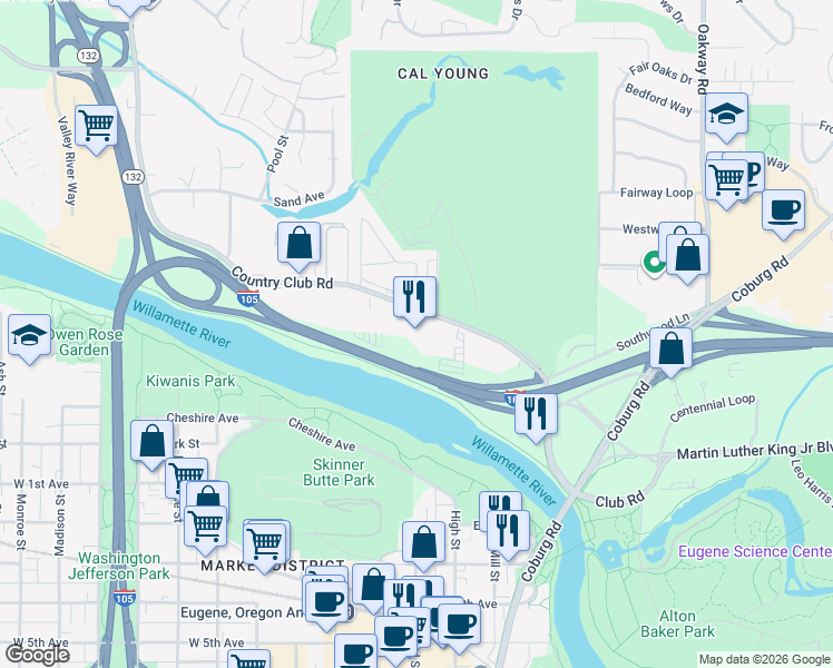 map of restaurants, bars, coffee shops, grocery stores, and more near 400 Country Club Road in Eugene