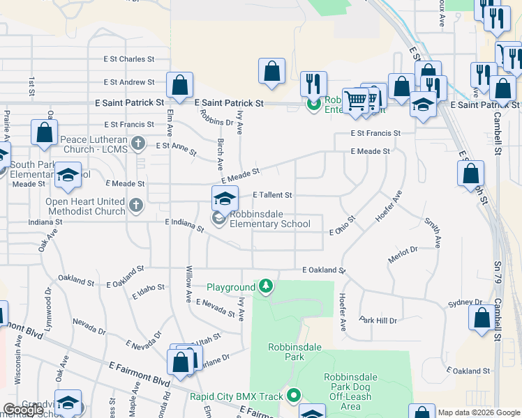 map of restaurants, bars, coffee shops, grocery stores, and more near 613 East Iowa Street in Rapid City