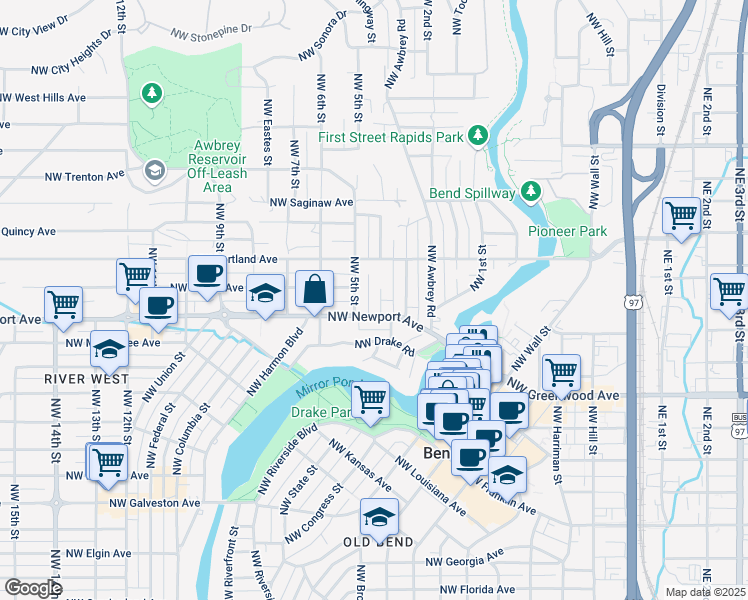 map of restaurants, bars, coffee shops, grocery stores, and more near 426 Northwest Newport Avenue in Bend