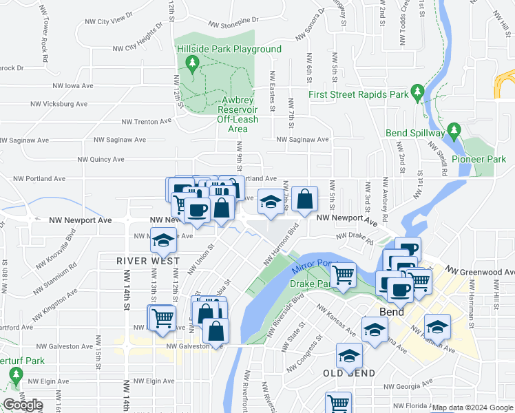 map of restaurants, bars, coffee shops, grocery stores, and more near 786 Northwest Newport Avenue in Bend