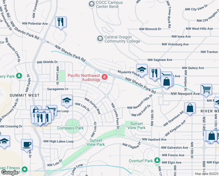 map of restaurants, bars, coffee shops, grocery stores, and more near 2430 Northwest Crossing Drive in Bend