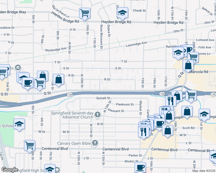 map of restaurants, bars, coffee shops, grocery stores, and more near 1250 Q Street in Springfield