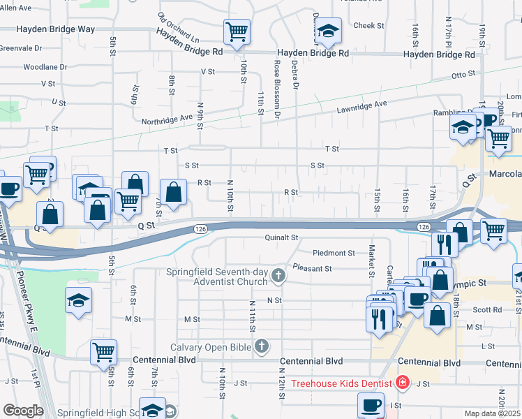 map of restaurants, bars, coffee shops, grocery stores, and more near 1058 Q Street in Springfield
