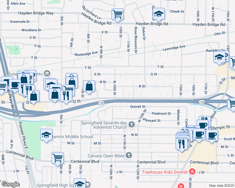map of restaurants, bars, coffee shops, grocery stores, and more near 1807 North 10th Street in Springfield