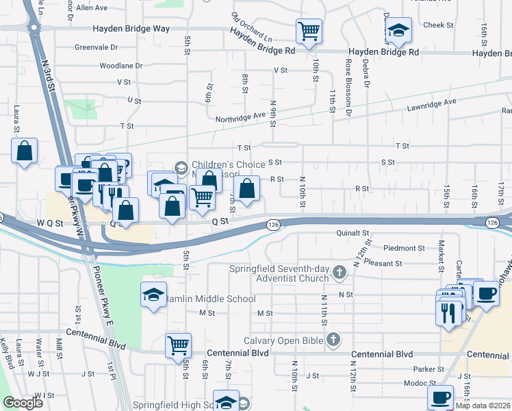 map of restaurants, bars, coffee shops, grocery stores, and more near 776 Q Street in Springfield