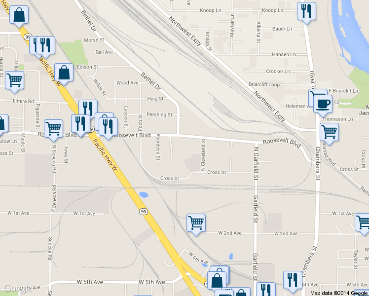 map of restaurants, bars, coffee shops, grocery stores, and more near 134 North Cleveland Street in Eugene