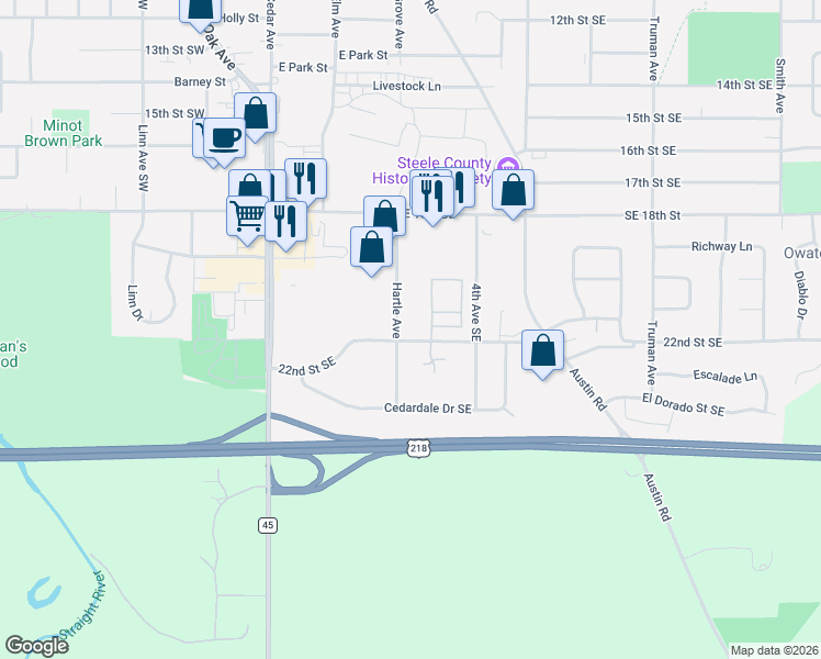 map of restaurants, bars, coffee shops, grocery stores, and more near 2211 Hartle Avenue in Owatonna
