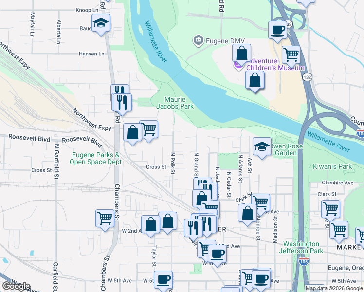 map of restaurants, bars, coffee shops, grocery stores, and more near 1280 Bailey Avenue in Eugene