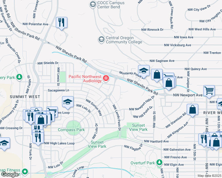 map of restaurants, bars, coffee shops, grocery stores, and more near 2430 Northwest Crossing Drive in Bend