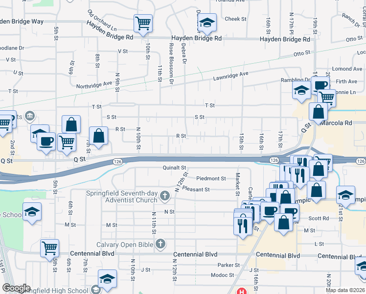 map of restaurants, bars, coffee shops, grocery stores, and more near 1250 Q Street in Springfield