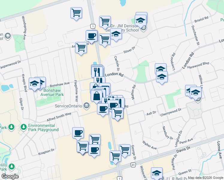 map of restaurants, bars, coffee shops, grocery stores, and more near in Newmarket