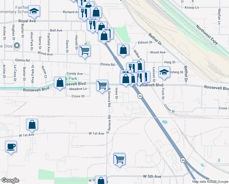 map of restaurants, bars, coffee shops, grocery stores, and more near 124 Iowa Street in Eugene