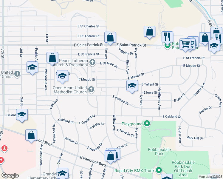 map of restaurants, bars, coffee shops, grocery stores, and more near 313 East Tallent Street in Rapid City