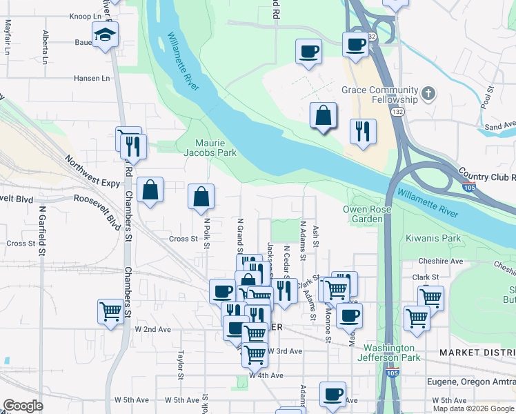 map of restaurants, bars, coffee shops, grocery stores, and more near 1101 Lewis Avenue in Eugene