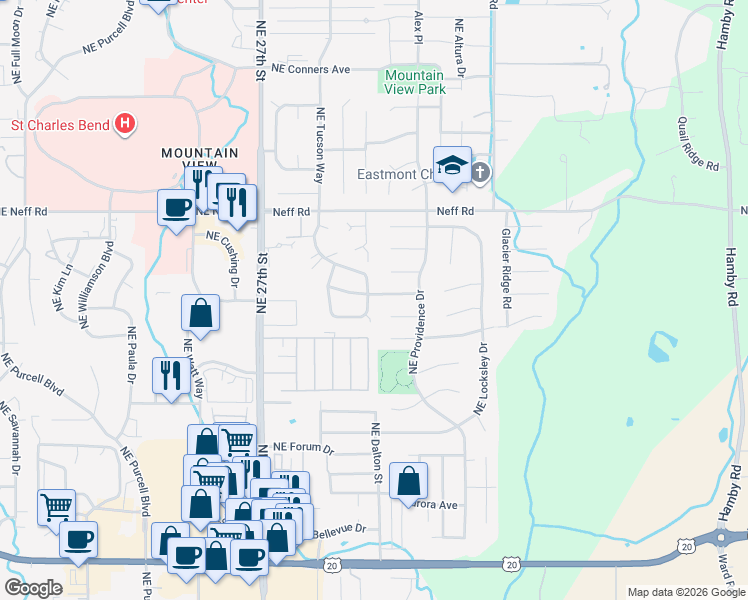 map of restaurants, bars, coffee shops, grocery stores, and more near 3018 Northeast Raleigh Court in Bend