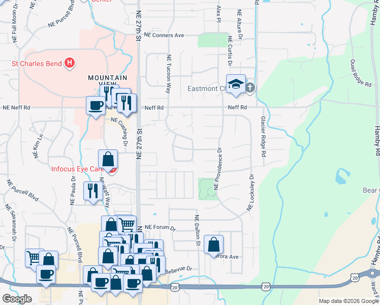 map of restaurants, bars, coffee shops, grocery stores, and more near 1244A Northeast Dawson Drive in Bend