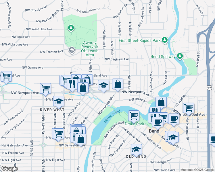 map of restaurants, bars, coffee shops, grocery stores, and more near 786 Northwest Newport Avenue in Bend