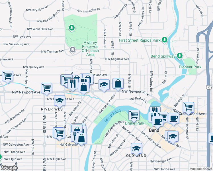 map of restaurants, bars, coffee shops, grocery stores, and more near 786 Northwest Newport Avenue in Bend
