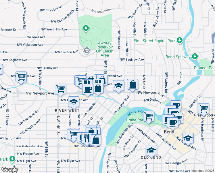 map of restaurants, bars, coffee shops, grocery stores, and more near 838 Northwest Newport Avenue in Bend