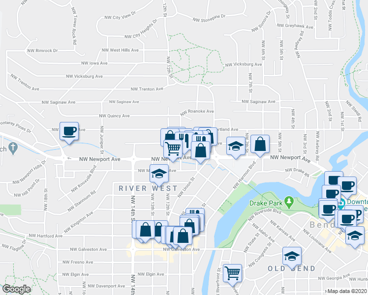 map of restaurants, bars, coffee shops, grocery stores, and more near in Bend