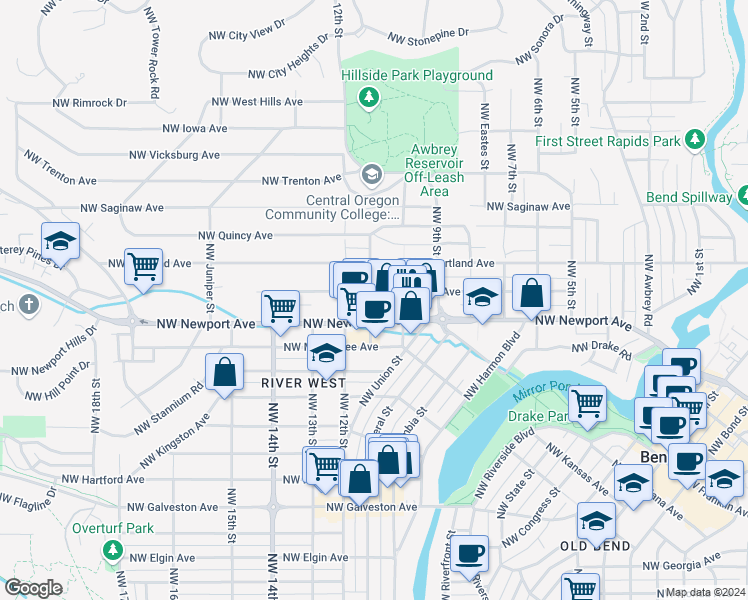 map of restaurants, bars, coffee shops, grocery stores, and more near None in Bend