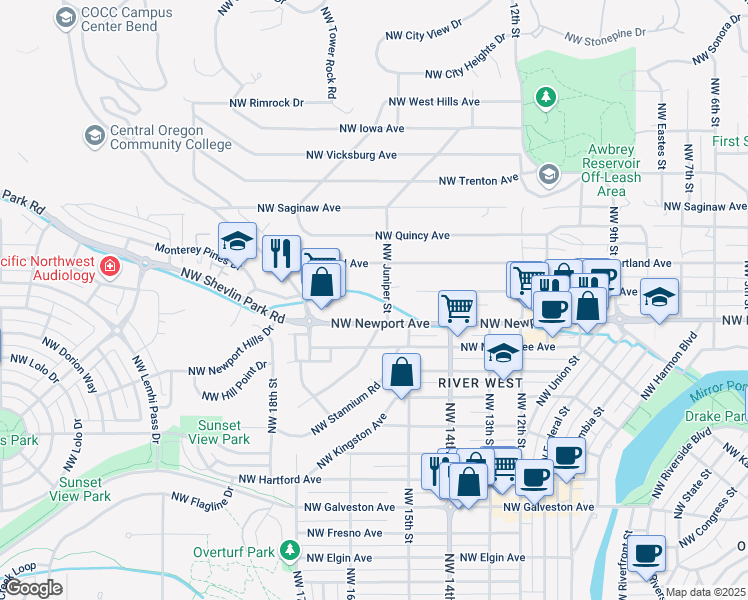 map of restaurants, bars, coffee shops, grocery stores, and more near 1439 Northwest Juniper Street in Bend