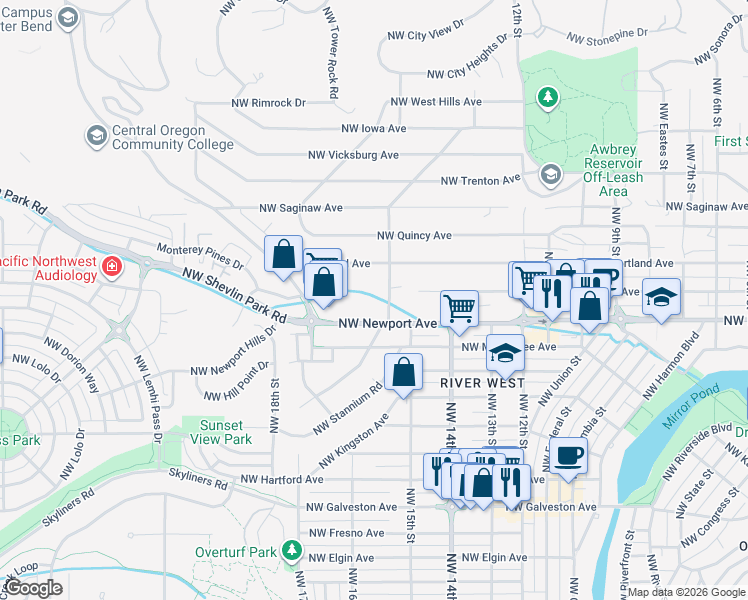 map of restaurants, bars, coffee shops, grocery stores, and more near 1439 Northwest Juniper Street in Bend