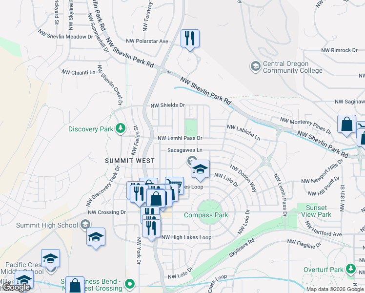 map of restaurants, bars, coffee shops, grocery stores, and more near 2516 Northwest Sacagawea Lane in Bend