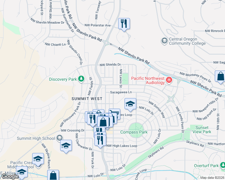 map of restaurants, bars, coffee shops, grocery stores, and more near 1363 Northwest John Fremont Street in Bend
