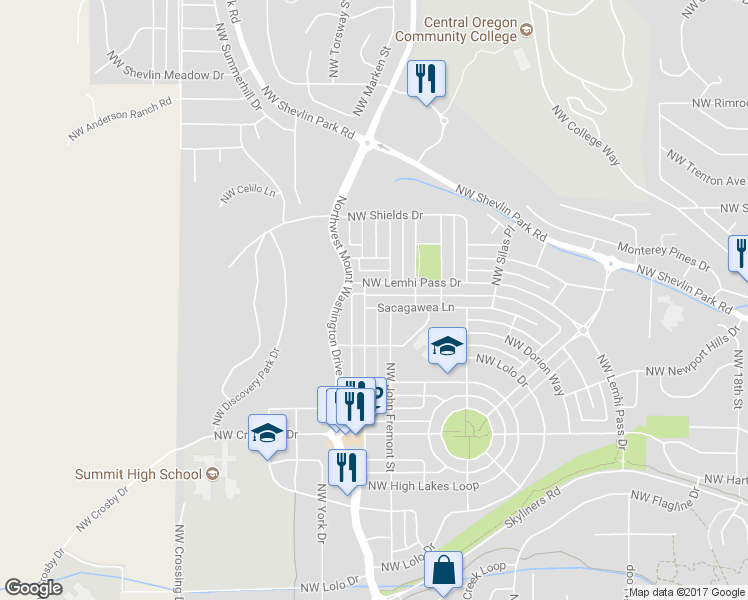 map of restaurants, bars, coffee shops, grocery stores, and more near 1363 Northwest John Fremont Street in Bend