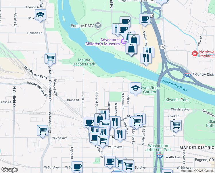 map of restaurants, bars, coffee shops, grocery stores, and more near 945 Lewis Avenue in Eugene