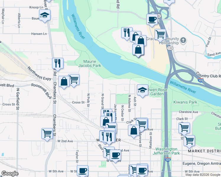 map of restaurants, bars, coffee shops, grocery stores, and more near 1101 Lewis Avenue in Eugene