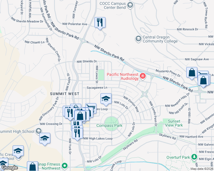 map of restaurants, bars, coffee shops, grocery stores, and more near 2500 Northwest Sacagawea Lane in Bend