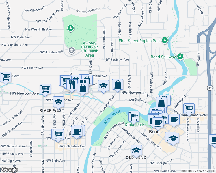 map of restaurants, bars, coffee shops, grocery stores, and more near 640 Northwest Newport Avenue in Bend