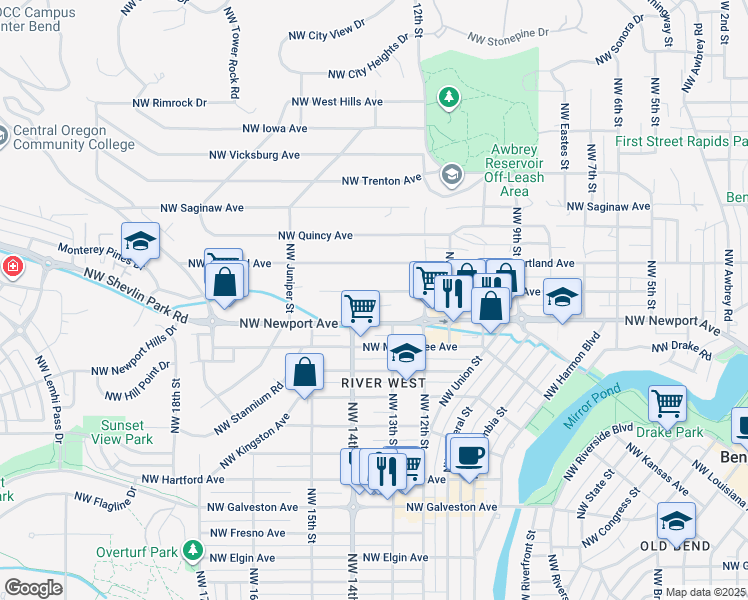 map of restaurants, bars, coffee shops, grocery stores, and more near 1326 Northwest Newport Avenue in Bend