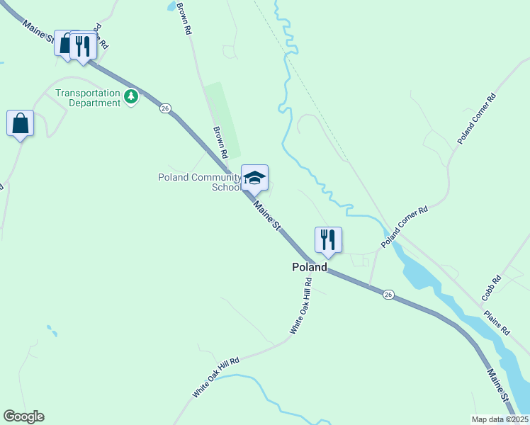 map of restaurants, bars, coffee shops, grocery stores, and more near 1250 Maine Street in Poland