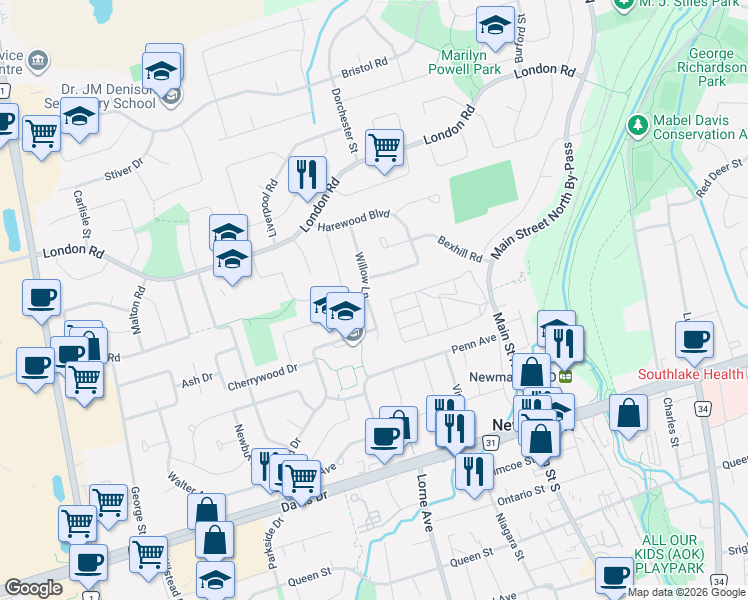 map of restaurants, bars, coffee shops, grocery stores, and more near 145 Willow Lane in Newmarket