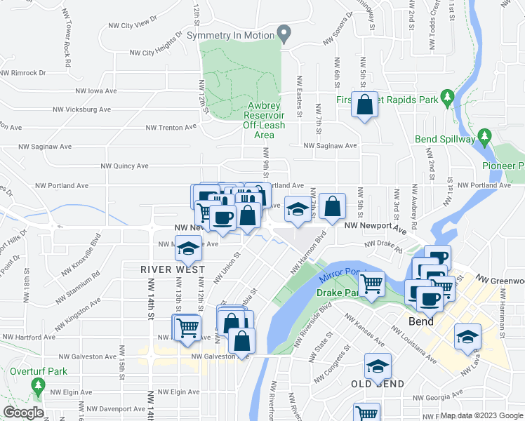 map of restaurants, bars, coffee shops, grocery stores, and more near 1455 Northwest 9th Street in Bend