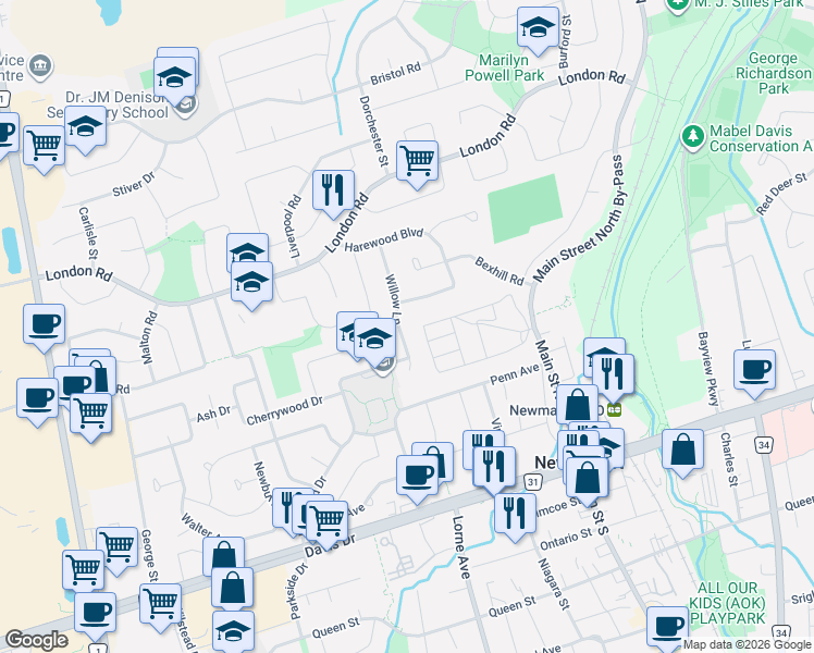 map of restaurants, bars, coffee shops, grocery stores, and more near 145 Willow Lane in Newmarket