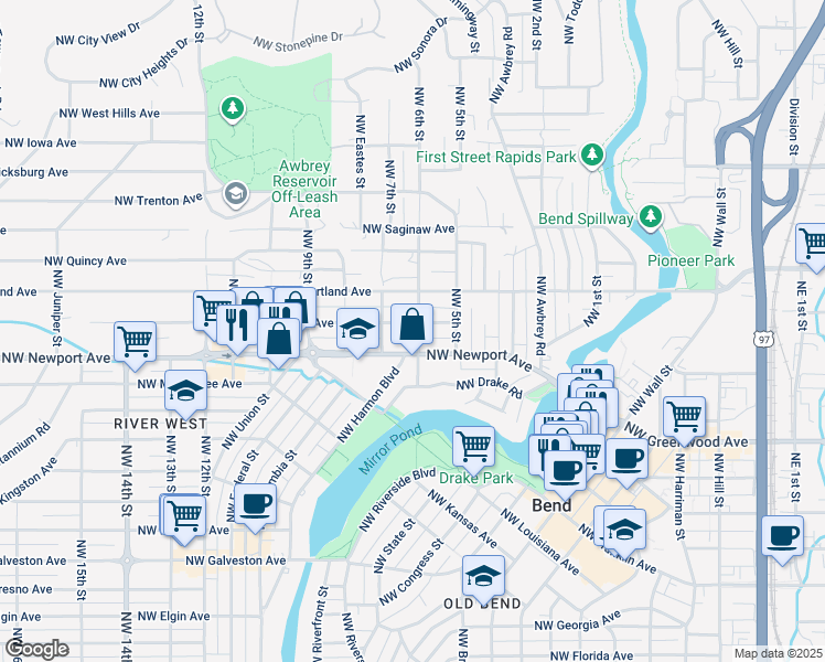 map of restaurants, bars, coffee shops, grocery stores, and more near 1439 Northwest 6th Street in Bend