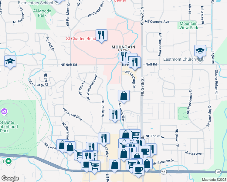 map of restaurants, bars, coffee shops, grocery stores, and more near 1301 Northeast Medical Center Drive in Bend