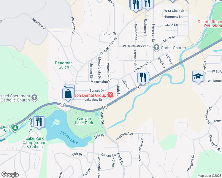 map of restaurants, bars, coffee shops, grocery stores, and more near 3823 Sunset Drive in Rapid City